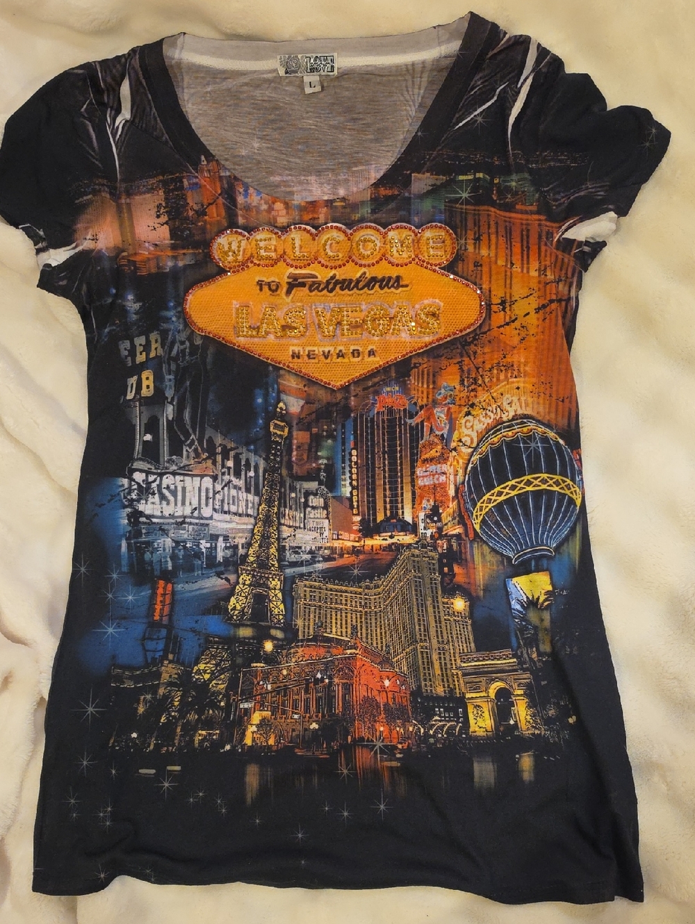 Love Amour Black Tee with Orange and Blue Las Vegas Skyline Graphic Print